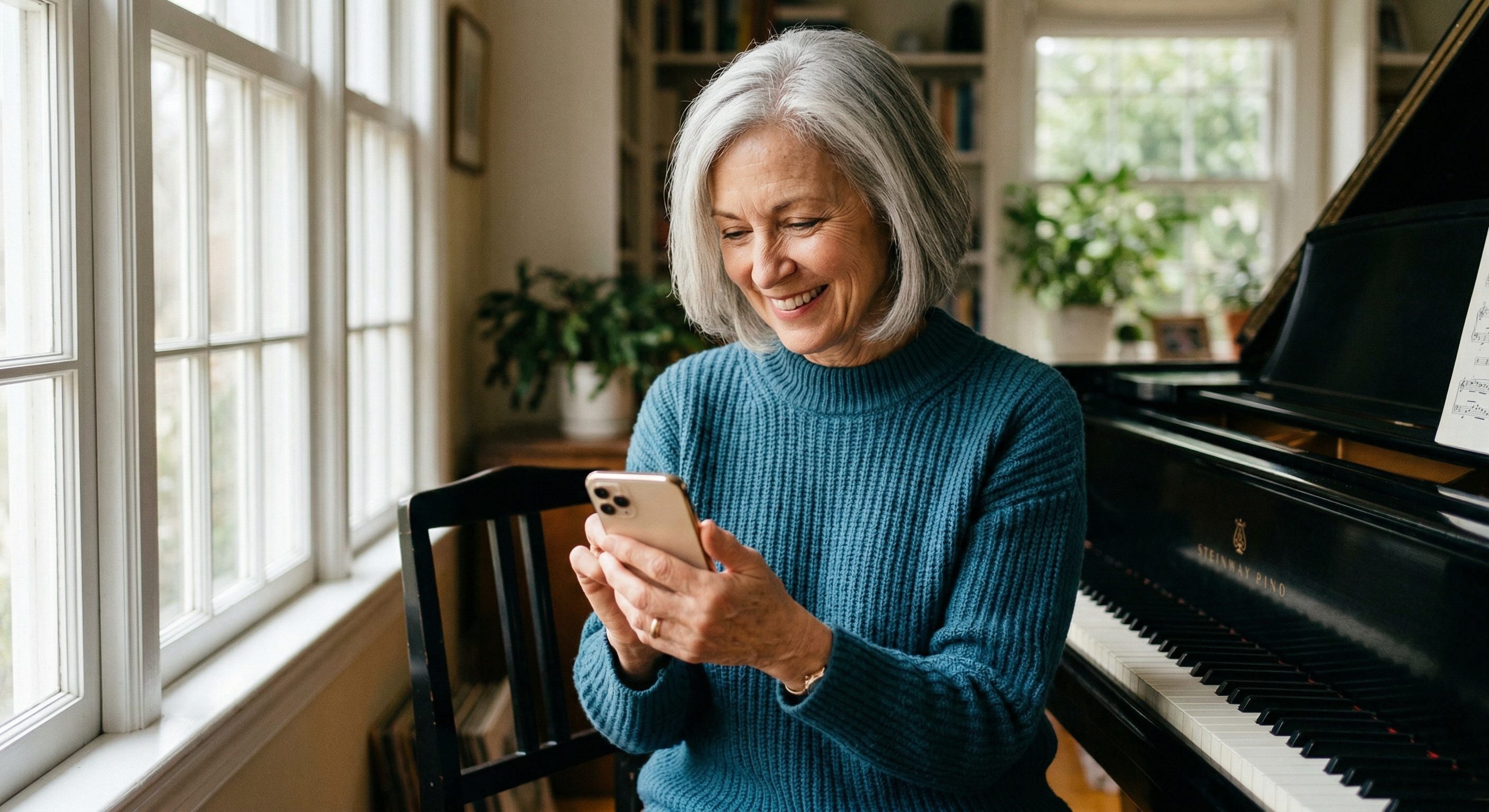 Smiling silver-haired female piano teacher in a bright sunlit studio using the Legato app on her phone